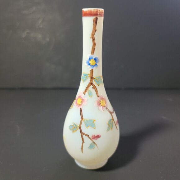 Frosted Glass Bud Face Hand Painted Pink And Blue Flowers on Branch 6" Vintage - Picture 1 of 8